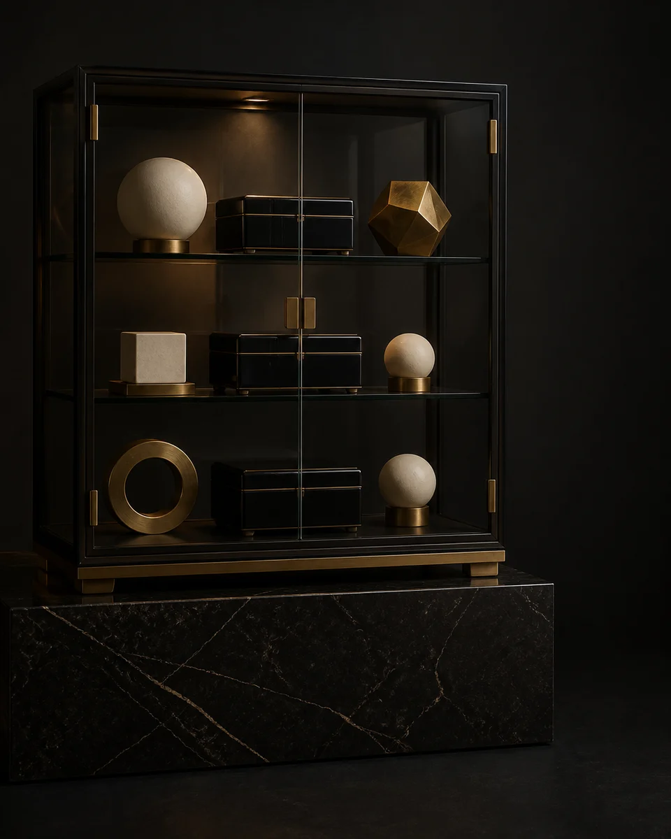 Vitrina cerrada con accesorios escultóricos abstractos y pequeñas cajas negras.