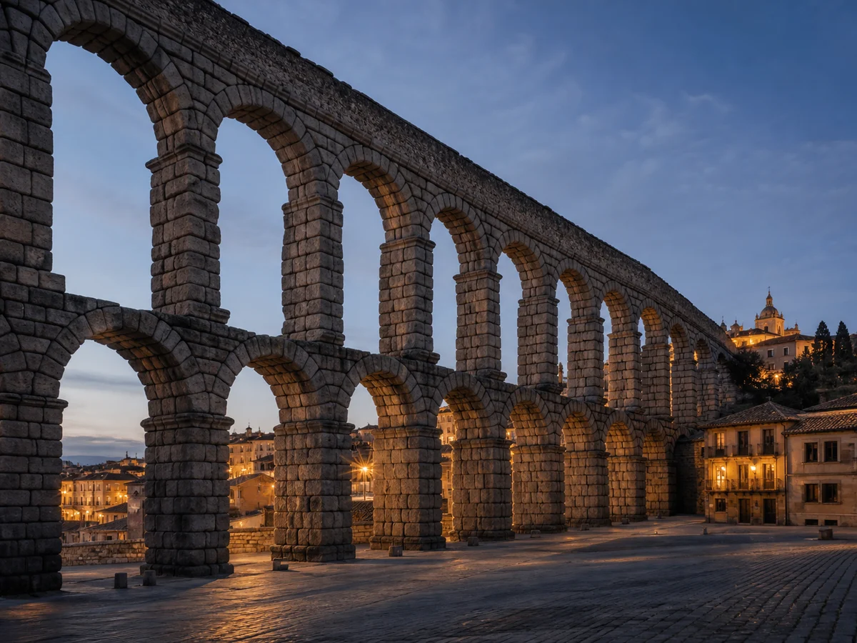 Composición editorial inspirada en el acueducto y la ciudad antigua de Segovia al anochecer.
