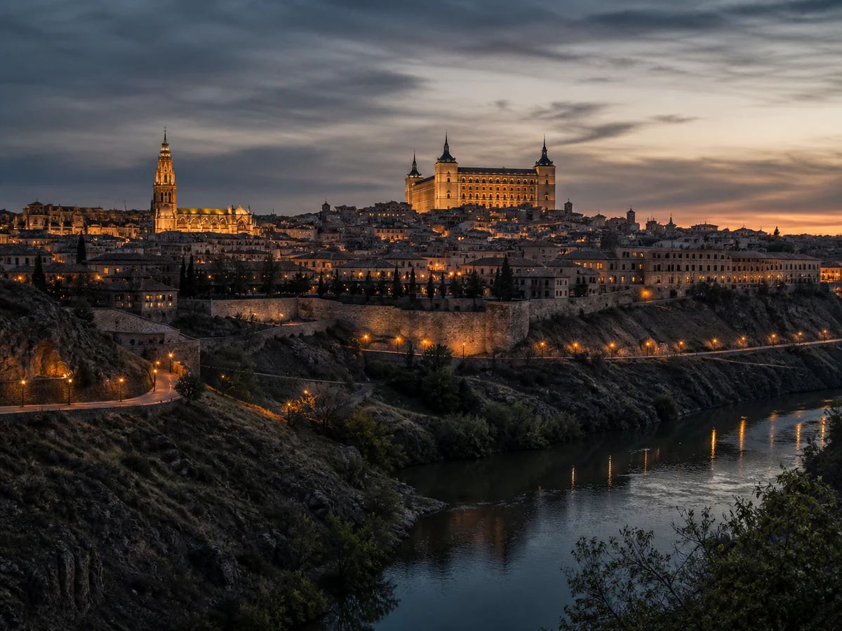 Composición editorial inspirada en el perfil histórico de Toledo sobre el río Tajo.