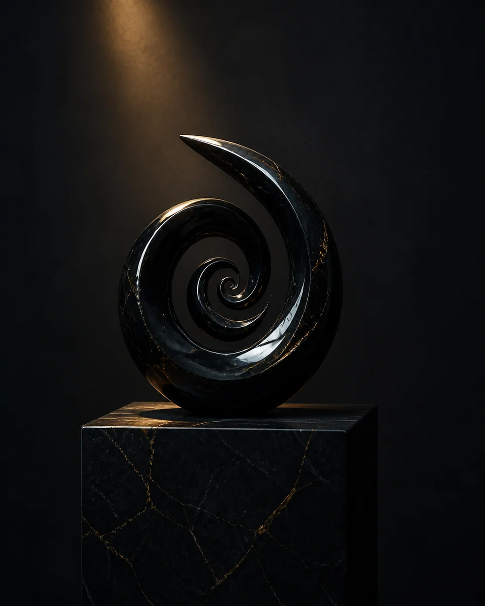 Escultura abstracta en espiral de obsidiana iluminada por un haz ámbar.