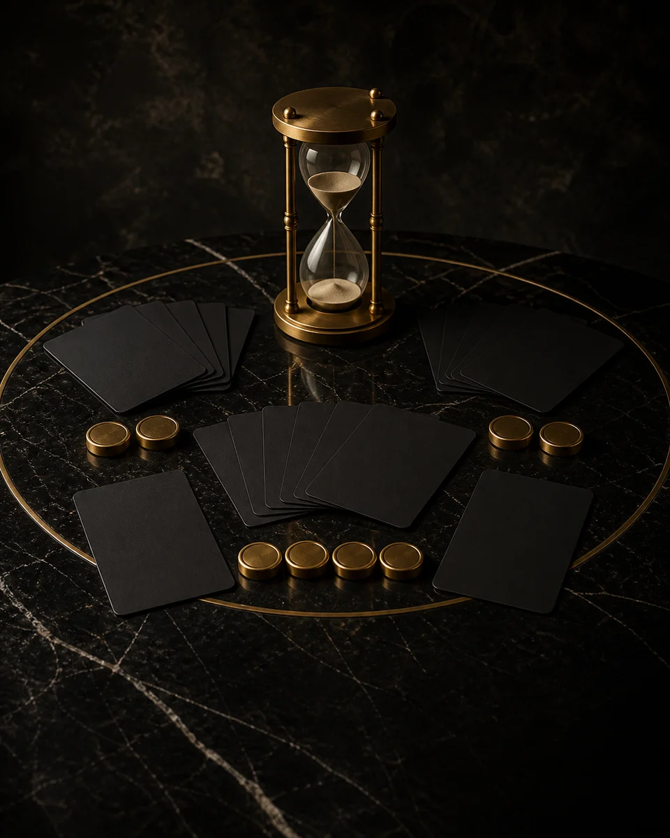 Mesa de juego elegante con cartas negras en blanco, fichas doradas y reloj de arena.