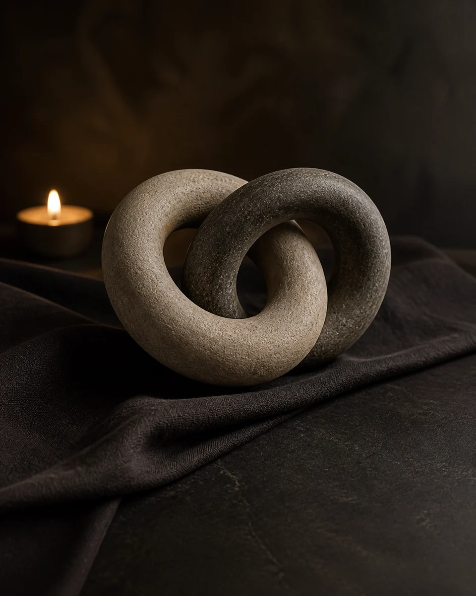 Dos formas abstractas de piedra entrelazadas sobre lino oscuro junto a una vela.