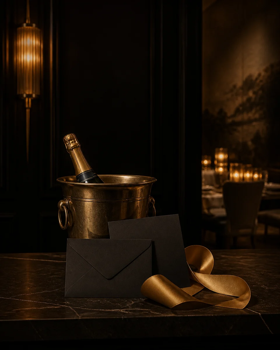 Bodegón de celebración privada con cubitera, sobres negros y cinta dorada.