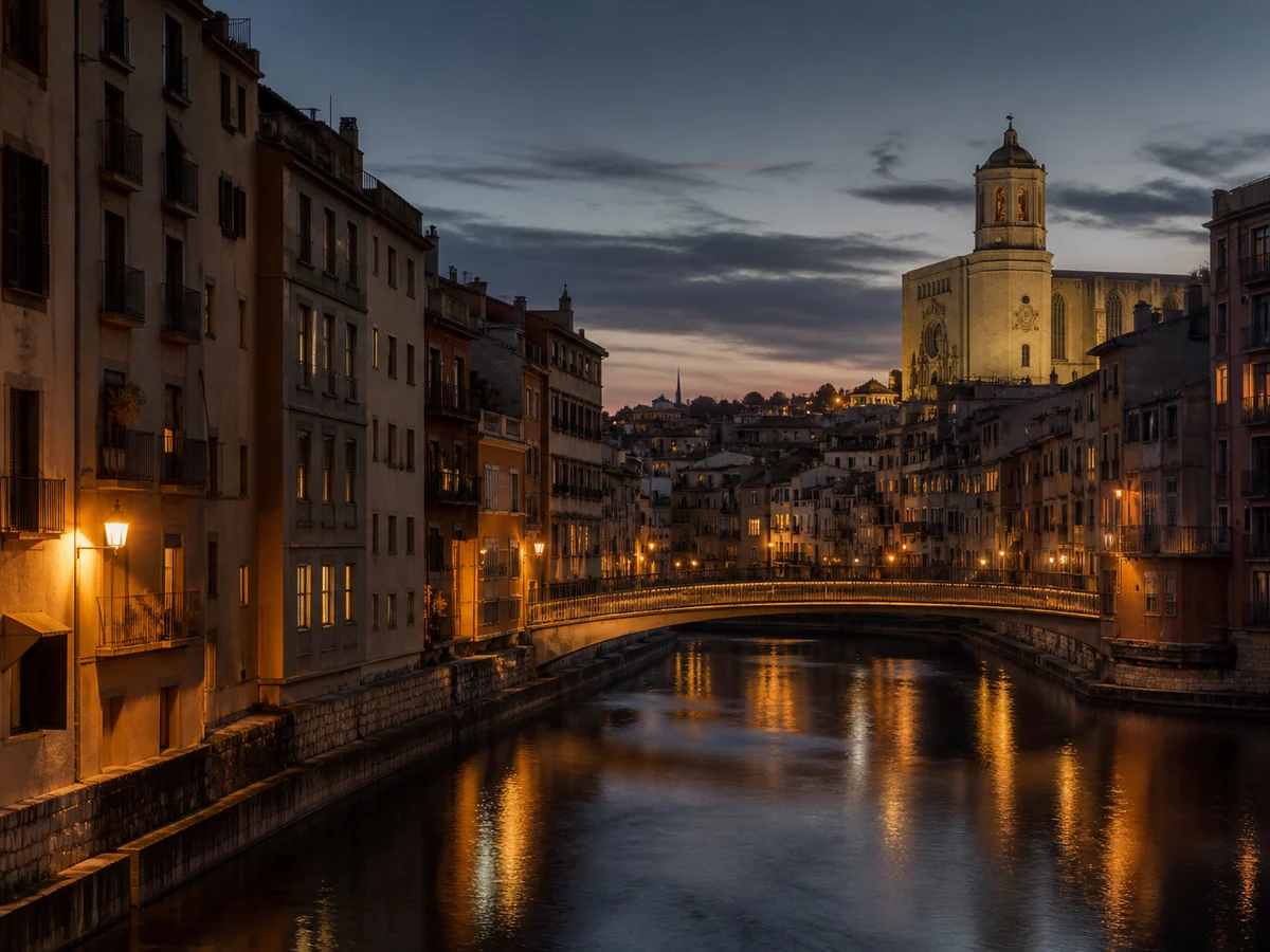Composición editorial inspirada en el río Onyar, sus puentes y el casco antiguo de Girona.