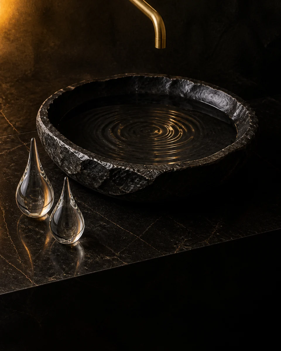 Lavabo de piedra negra con ondas de agua, dos gotas de vidrio y detalle de latón.