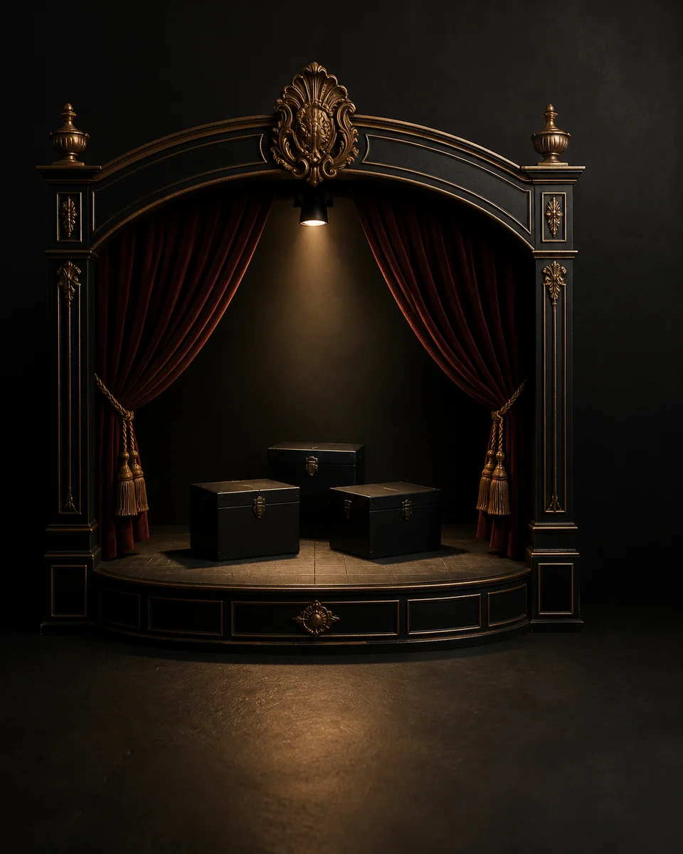 Pequeño escenario teatral vacío con tres cajas negras cerradas bajo una luz dorada.