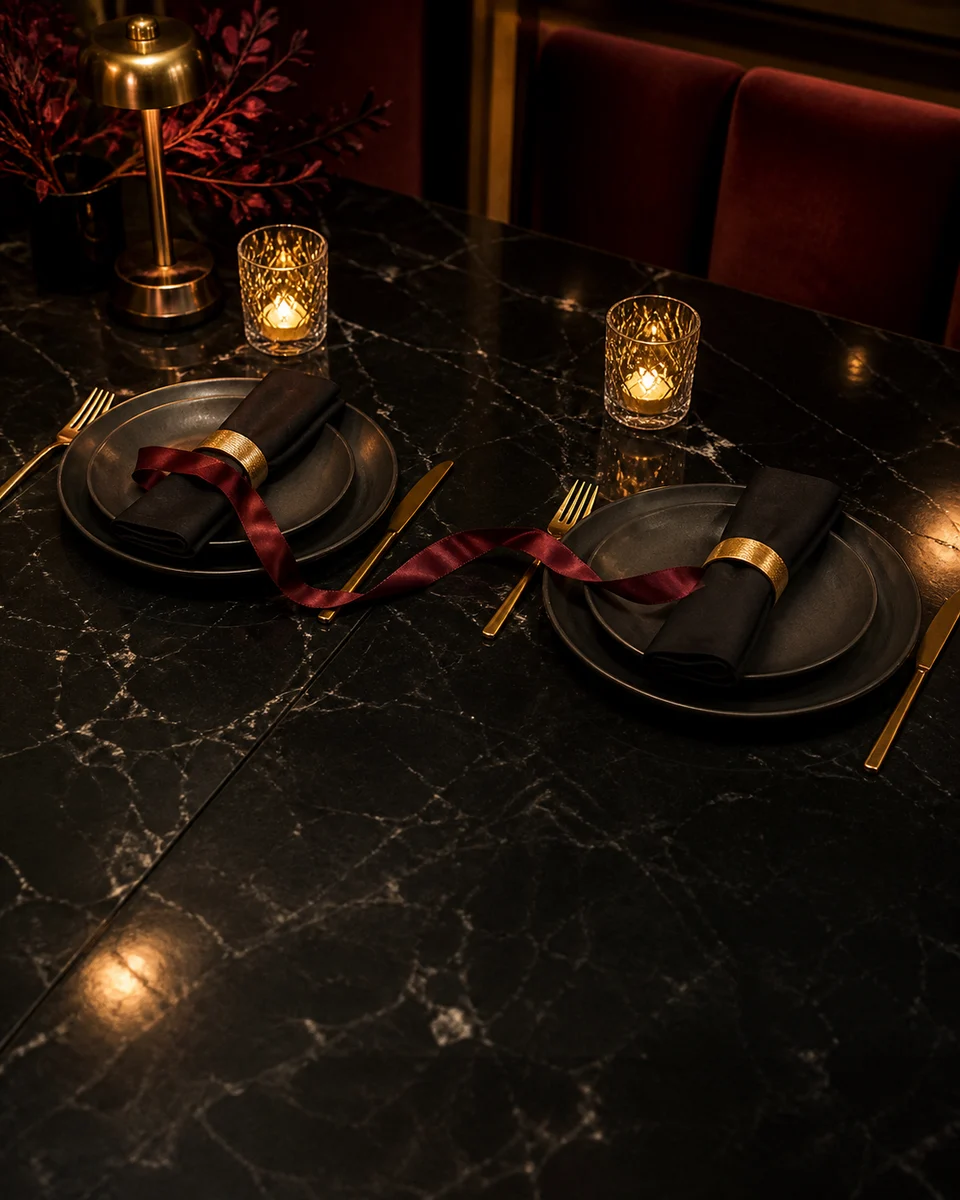 Dos servicios de mesa separados con aros dorados unidos por una cinta de seda.