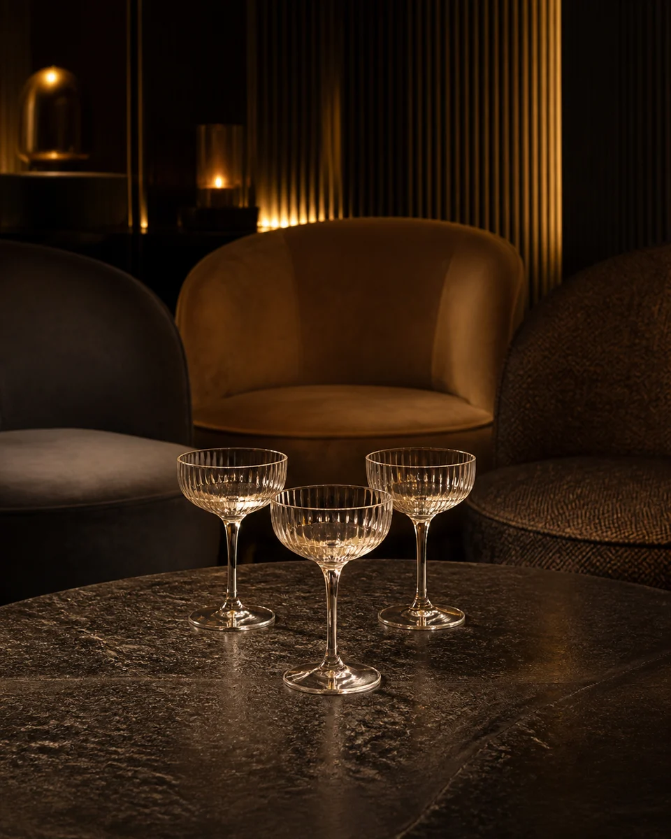 Tres copas dispuestas ante tres asientos en un salón privado.