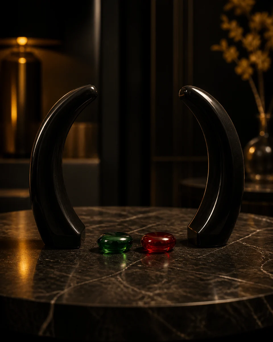 Dos arcos abstractos de obsidiana separados junto a fichas de vidrio verde y roja.