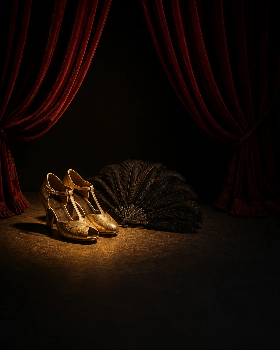 Escenario de cabaré vacío con cortina borgoña, zapatos dorados y abanico de plumas.
