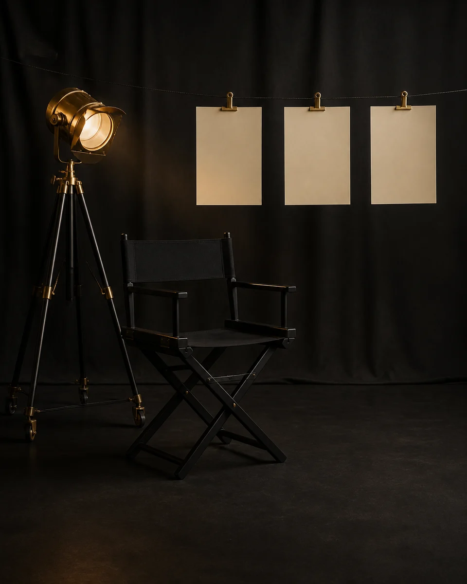 Estudio editorial vacío con silla de dirección negra, foco y hojas de contacto en blanco.