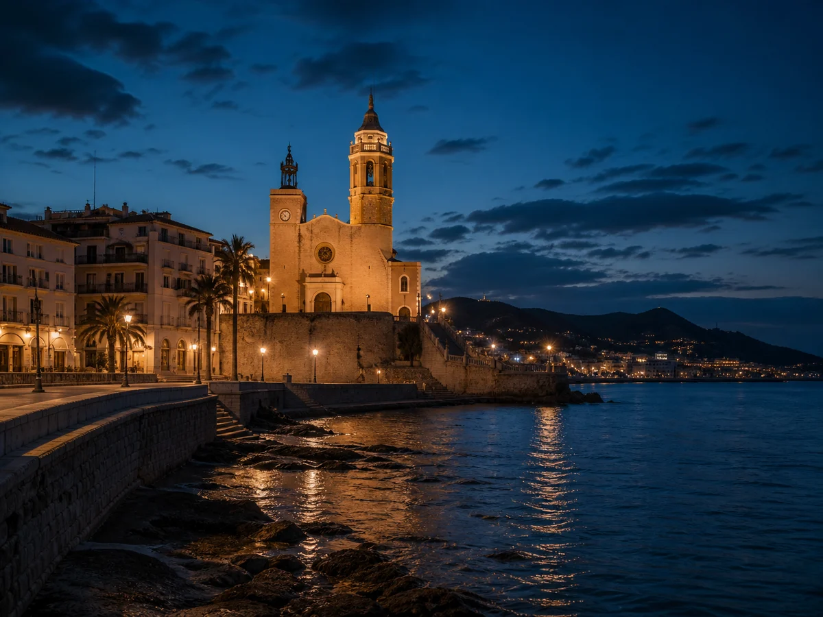 Composición editorial inspirada en la iglesia de Sant Bartomeu i Santa Tecla y el litoral de Sitges al anochecer.