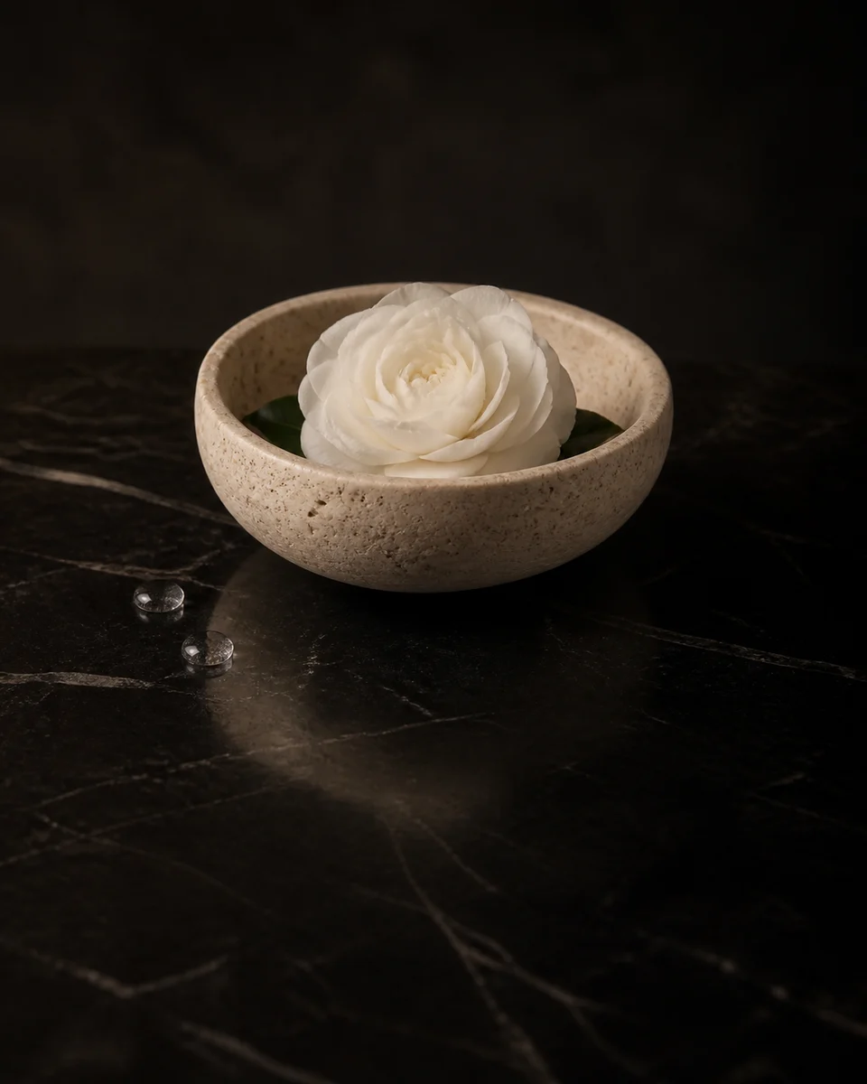 Cuenco de travertino natural con una camelia blanca y gotas de agua transparente.